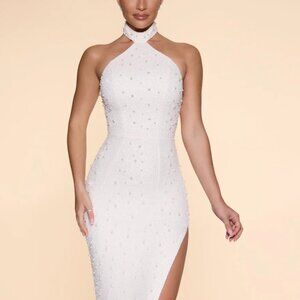 Positano Embellished High Neck Split Maxi Dress in Ivory